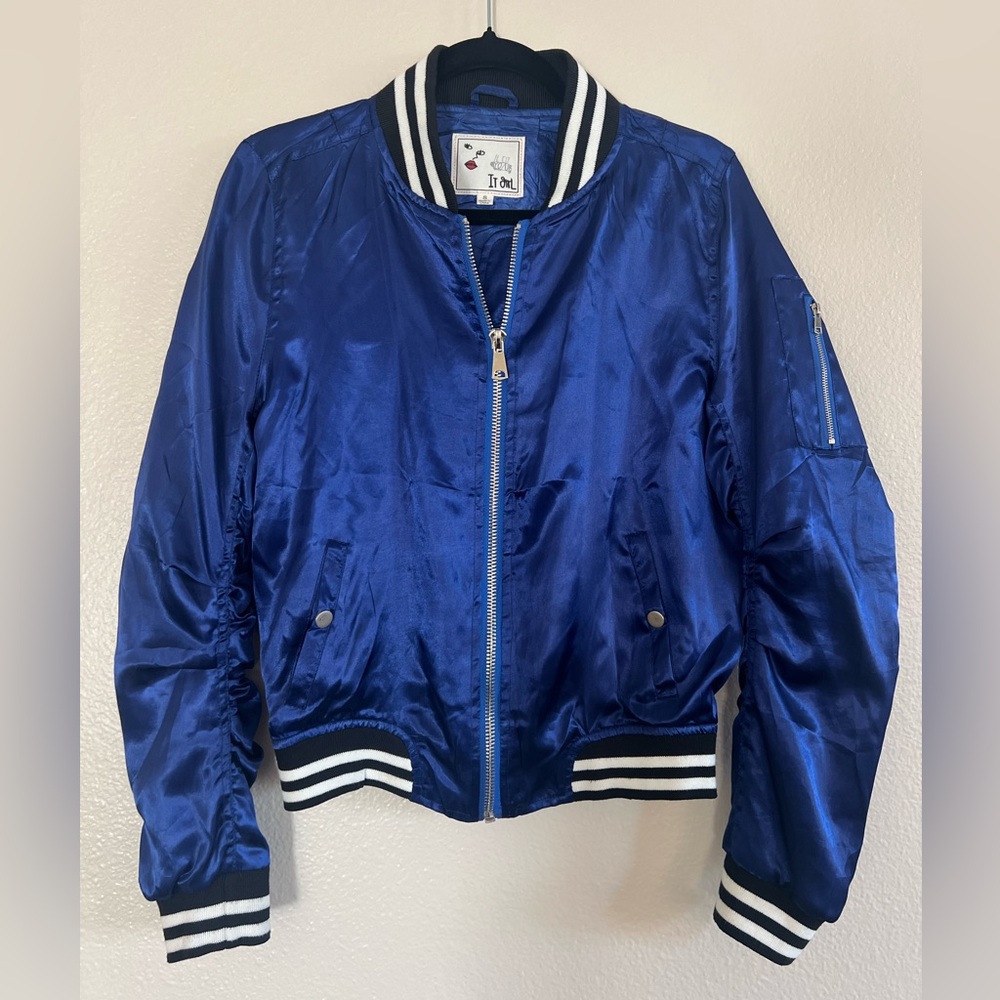 Blue Satin Bomber Jacket W/ Floral and Bird Design On Back